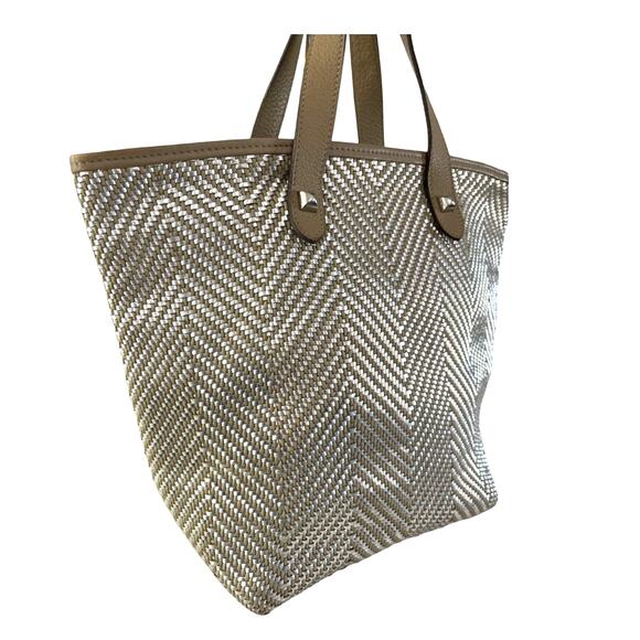 Hermès Woven Leather Chevron Tote Bag Beige Silver Made in India VPM Stamp - Picture 5 of 16
